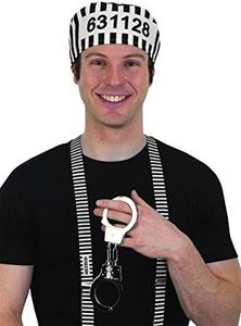 Jailbird Prisoner Hat Handcuffs Suspenders Halloween Adult Costume Accessory Set