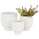 Deco 79 Ceramic Indoor Outdoor Planter Small Planter Pot with Linear Grooves and Tapered Bases, Set of 3 Planters 9", 8", 6"H, White