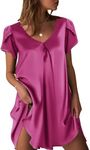 Ekouaer Women's Satin Nightgown Short Sleeve Sleepdress V-Neck Sleepwear Loose Silk Sleepshirt, Rose Red, XX-Large