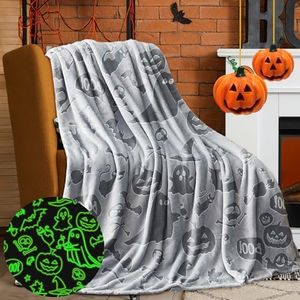 KAKWACO Halloween Blanket for Kids, Glow in The Dark Cute Pumpkin Ghost Bat Witchy Halloween Throw Blanket, Halloween Decorations Gifts for Girls Boys 60"×50" - Grey