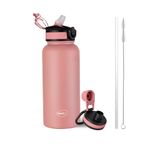 Pigeon by Stovekraft Rush Thermos Stainless Steel Sipper Flask 1000ml with Straw,Cleaner and Additional Screw Cap| 24 Hours Hot and Cold|Ideal Usage for Office Men/Women|School/College|Travel|Pink