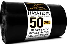 Haya Home 70L 50 Black Plastic Bin Bags Heavy Duty Bin Liners, Refuse Sacks Pack of 50 X 1 Heavy Duty Waste Dustbin Bags roll for Kitchen Home Office DIY Garden Made from 100% Recycled Material