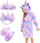 Girls Soft Unicorn Dressing Gown Hooded Fleece Robe Casual Sleepwear with Unicorn Slippers for Kids (Bright Purple, 8-9 Years)