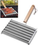 ZELONUUS 9.5 Inch Long Hot Dog Roller for Grill Stainless Steel Sausage Roller Rack with Wooden Handle and 4 Hotdog Sticks