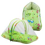 LuvLap Cotton Baby Mattress with Mosquito Net & 3 in 1 Baby Sleeping Day_Bed Bag Cum Carry Nest Combo, Dino Print, 78X45X40Cm (Light Green)