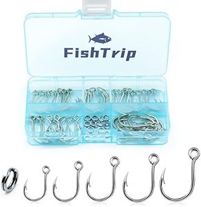 FishTrip 50pcs Inline Fishing Hooks for Treble Hook Replacement, in-Line Single Forged Eyed Hooks with Split Rings for Lures Plugs Saltwater Freshwater