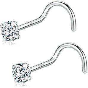 PunkTracker Piercing de nariz de oro real de 14 quilates de 20 g, circonita cúbica, diamantes de imitación, hipoalergénicos, joyería para mujeres y hombres, Oro blanco