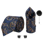 Axlon Men's Casual Style Paisley Micro Wooven Silk Necktie Gift Set Pocket Square Cufflinks & Brooch Pin Tie For Men With Box (Pack Of 4) (Ax11_10, Navy Blue Gold)