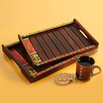 ExclusiveLane 'Madhubani Handpainted' Decorative Wooden Tray Set for Snacks Storage (Sheesham Wood, Set of 2) |Breakfast Tray for Serving Tray Set for Serving Tea Trays for Serving Rectangular
