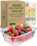 KRUM Transparent Rectangle Takeout Food Containers Food Storage Containers With Lids Freezer Safe | Meal Prep | Microwavable Dishwasher | Leakproof | BPA Free (1000ml Pack of 10)