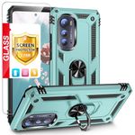 TJS Compatible for Motorola Moto Edge 2022 Case, Edge 5G UW 2022 Tough Mobile Phone Case, with [Tempered Glass Screen Protector] Defender Metal Ring Kickstand Magnetic Support Protective Cover (Teal)