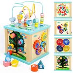 Fajiabao Wooden Activity Cube Baby Toys 5-In-1 Montessori Toys for 1 Year Old Boys Girls, Early Development & Activity Toys with Shape Sorter Bead Maze & Clock, 1st Birthday Gifts for Girls Boys