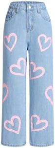 BEAUDRM Girl's Heart Print High Waisted Loose Straight Leg Jeans Denim Pants Light Wash 11Y