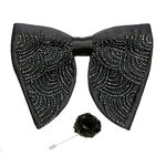 Axlon Premium Butterfly Embroidery Cut Dana Micro Fabric Oversize Big Bow Tie For Men With Flower Brooch Pin (Free Size, Black)