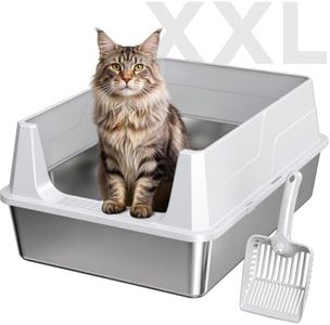 XXL Stainless Steel Cat Litter Box with High Guard Anti-Leak Scoop, Gray | XXL metal litter pan with anti-leak guard and scoop. Odor-resistant, durable, and easy to clean for multiple cats.