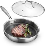 Navaris Stainless Steel Frying Pan with Glass Lid - Durable & Scratch Resistant 26cm/10.2" Pans w/Stay Cool Metal Handle - Tri-Ply Construction Ideal for All Stoves, Oven Safe