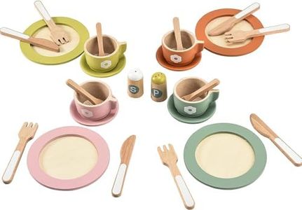 Giant bean 27PCS Wooden Toy Plates and Dishes for Kitchen Set,Montessori Kitchen Toys for Girls and Boys, Wooden Play Kitchen Accessories