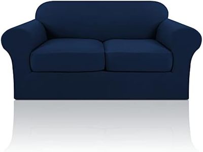 H.VERSAILTEX 3 Pieces Microfiber Stretch Sofa Slipcover Spandex Soft Fitted Sofa Couch Cover Washable Furniture Protector with Elastic Bottom for Kids, Pets (2 Seater,Navy)