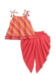 The Magic Wand Printed Kids Girls Dhoti Kurta Set Frock Style Kurti With Dhoti Style Salwar Cotton Sleeveless Tie Up Lace Top Ethnic Dress For Navratri, Red, 2-3 Year