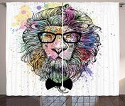 Fashion House Decor Curtains by Ambesonne, Hipster Lion with Glasses and Bowtie King of Animals Splash Style Art, Living Room Bedroom Window Drapes 2 Panel Set, 108W X 84L Inches, Purple Black