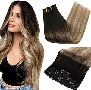 Full Shine Balayage Clip in Hair Extensions Hair Extensions Clip ins Ombre Black to Ash Brown Mix Blonde Hair Extensions Double Weft Clip in Human Hair Extensions 7Pcs 80 Gram 12 Inch