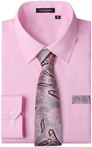 HISDERN Camisa Rosa Hombre Manga Larga Formal Boda Camisas Vestir Elegante Camisas y Corbata Camisa Traje con Botones L