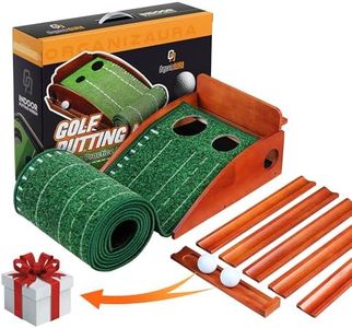 OrganizaAura Golf Putting Mat with Auto Ball Return - Indoor Golf Mat and Putting Green Set with Wooden Base, 2 Holes, Golf Balls, Perfect Golf Training Equipment & Gifts for Men, Dad, and Golf Lovers