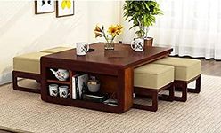 MORVINANDAN FURNITURE Sheesham Wood Coffee Table with 4 Stools Wooden Centre Table for Living Room Home Rectangle Tea Table (Mahogany Finish)