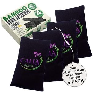 Bamboo Charcoal Air Purifier Bags - Odor Absorber & Eliminator for Home, Car, Pets, Activated Charcoal Natural Freshener, Eco-Friendly & Reusable (4 Pack - 60 Gram with Rope Hanger, Black)