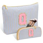 Personalized Initial Cute Pink Cosmetic Bag for Women, Graduation Gifts Makeup Pouch Organizer Bag for Girls 10-14, Travel Toiletry Bag for Her Mom Girlfriend Wife Teacher Birthday Gifts, Blue, Q