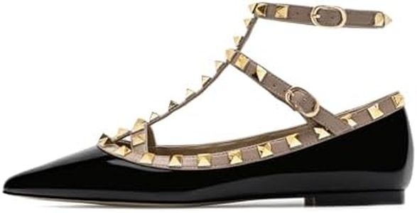 Lymphvity Women's Closed Pointed Toe Studs T-Strap Flat Shoes Fashion Adjustable Ankle Strap Rivet Gladiator Flats Dress Shoes for Work Party (Black,8.5)