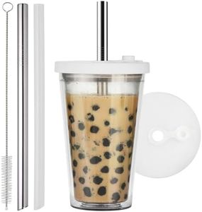 HAUNDRY Reusable Iced Coffee Cup (16 Oz/Grande), Leak Proof and Double Wall Insulated Bubble Tea Tumbler, Come with Reusable Plastic and Metal Straws and Straw Cleaner