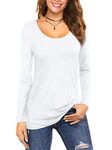 Amoretu Womens Long Sleeve Casual Solid Tops Scoop Neck Basic Tshirts (White, L)