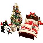 ikasus DIY Miniature Dollhouse Furniture Kit,Miniature Christmas Dollhouse Accessories,Xmas Bedroom Play Set,Mini Christmas Boxes Ornaments, Christmas Tree and Piano Decoration