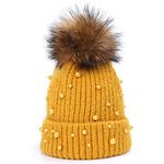 Womens Girls Winter Knitted Beanie Hat Faux Fur Ball Pom Pom Pearls Beaded Trim Hat Warm Cap, Yellow, Medium