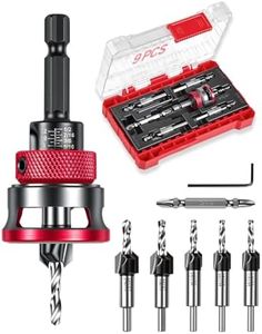 9 PCS Countersink Drill Bits Set, 5PCS Two-Flute TCT Alloy Tapered Drill Bits and Adjustable Depth Stop Collar, Wood Countersink Bit with Wrench for 82 Degree Woodworking, Plywood and MDF DIY