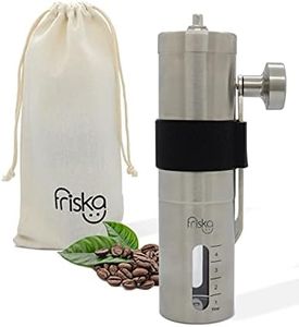 FRISKA Manual Burr Coffee Grinder - Hand Coffee Grinder - Durable Portable Stainless Steel, Grey Velvet Bag & Silicon Grip (Black)