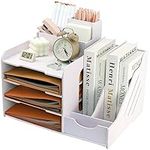 PLSOPPKG Wooden Desk Tidy Organiser, File Rack, Desk Tidy Storage, Office Stationery Rack Sorter for A4 Papers, Pens, Books and Letters, Document Holder with Vertical File Tray and Pen Holder