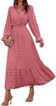 BTFBM Women Fall Dresses 2025 Long Sleeve V Neck Swiss Dots Maxi Dress Boho Long Dress High Waisted A-Line Ruffle Dress(Solid Pink,Large)