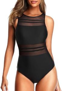 Holipick Women High Neck One Piece Mesh Swimsuits Full Coverage Bathing Suits Slimming Swimwear, Black, Medium