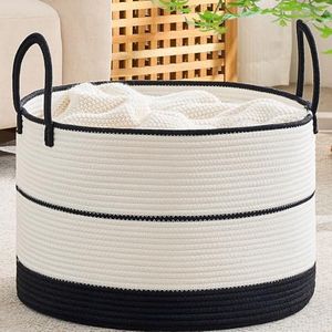 KAKAMAY Cotton Rope Storage Basket (20"x13"),Woven Hamper for Blankets,Toys,Pillows,Clothes,Laundry,Sturdy Handles Decorative Basket for Living Room, Bedroom,Nursery(Black/Beige)