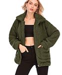 Womens Warm Casual Fleece Faux Fur Jacket Oversized Fuzzy Faux Fur Winter Coat for Women Long Sleeve Zipper Coats Outwear Dark Green Large