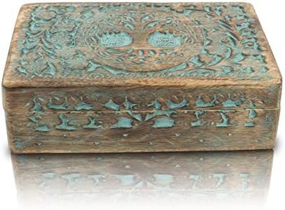 Great Birthday Gifts Handmade Decorative Wooden Jewelry Box Tree Of Life Carving Jewelry Organizer Keepsake Box Treasure Chest Trinket Holder Watch Box Storage Lock Box Housewarming Gift (Blue)