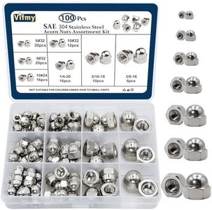 Vifmy 304 Stainless Steel Acorn Nuts Assortment Kit(100PCS), 6#32 8#32 10#24 10#32 1/4"-20 5/16"-18 3/8"-16 SAE Hex Acorn Cap Nuts Sets, Cap Nut for Bolt, Dome Head Hex Nuts for Indoor Outdoor