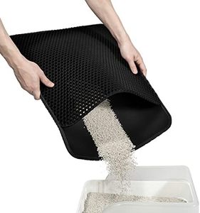 Conlun alfombra arena gatos 58x42 cm, alfombrilla arenero gato, diseño de doble capa en forma de panal, orina y material impermeable, diseño de control de basura con asas laterales negro
