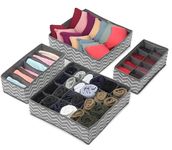 Niwlix Fabric Set Of 4 Foldable Wardrobe Drawer Organizers With Dividers, Closet Storage Organiser For Socks, Lingerie, Tie, Scarf, Bra, Innerwear-Non Woven (Wave),Grey