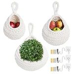 Coptiner 3Pcs Hanging Fruit Baskets for Kitchen, Hanging Basket Cotton Teardrop Hanging Baskets with three kinds of Hooks Fruit Space Saver Storage Organiser for Vegetable Onion Potato Storage (White)