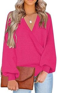 LookbookStore Hot Pink Sweater for Women Surplice V Neck Tops for Women Baggy Tunic Sweater Tops for Women Magenta Size X-Large Size 16 Size 18