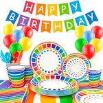 Rainbow Birthday Decorations, 166pcs Rainbow Decorations Rainbow Party Tableware Set Rainbow Party Plates and Cups Napkins Tablecloth Banner Balloons etc Rainbow Party Supplies