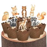 24 Pcs Woodland Cupcake Toppers and Wrappers, Jungle Safari Zoo Cake Decorations Food Picks for Animal Theme Baby Shower Birthday Party Supplies